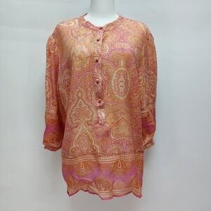 New York & Company Tunic Blouse Women's XL Orange Paisley Boho Lyocell Blend